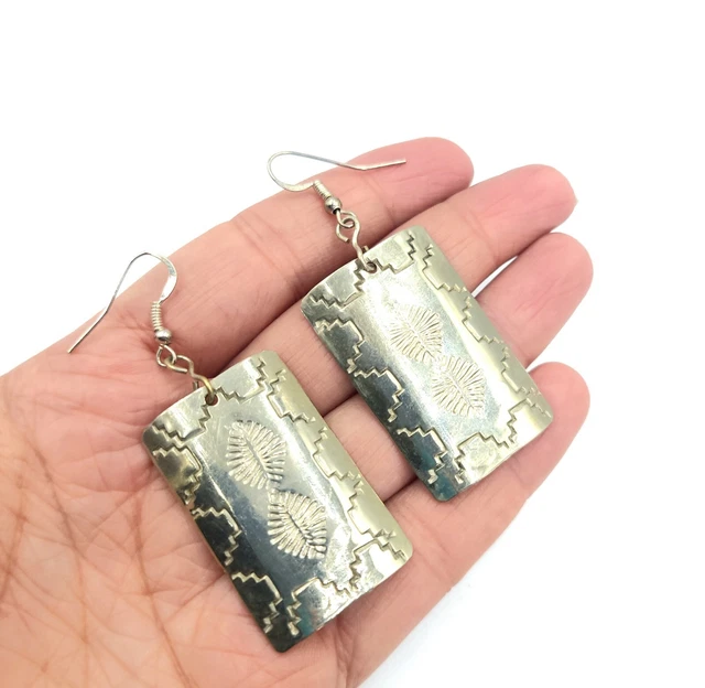 Native American Navajo Concho Stamped Sterling Silver Elongated Signed Earrings