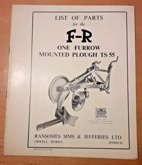 List of Parts For The Ransomes F-R One Furrow Mounted Plough TS 55