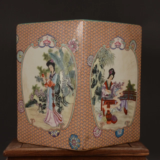 8.2" Collect Famille Rose Porcelain Four Directions Four Great Beauty Brush Pot