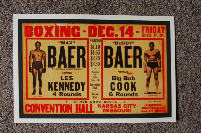 Max Baer  vs Les Kennedy Fight Poster 1934 Kansas City Missouri Convention Hall