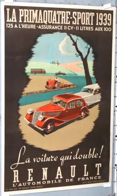 Affiche Ancienne Renault Automobile Primaquatre-Sport 1939 La Voiture Qui Double