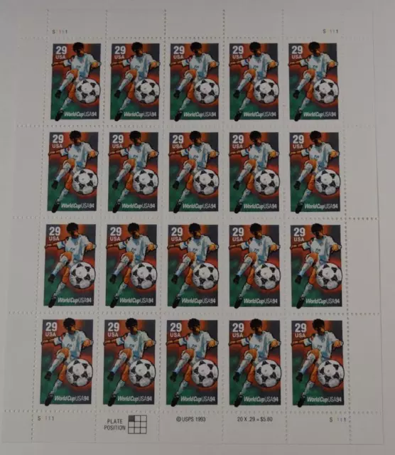 Us Scott 2834 Pane Of 20 World Cup Soccer Stamps 29 Cents Face Mnh