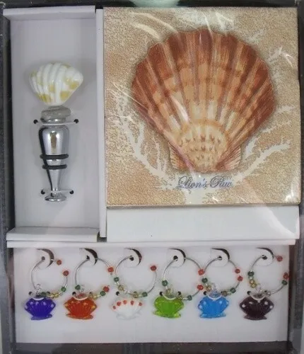 Scallop Shell Wine Glass Charms and Topper Cocktail Napkins Boxed Gift Set