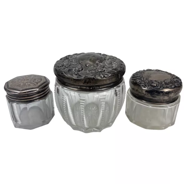 Vintage Lot Of 3 REPOUSSE Sterling Silver POWDER JARS Crystal ETCHED Art Nouveau