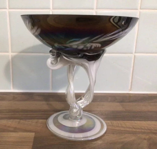 Vintage Jozefina Krosno Art Glass Pedestal Bowl Silver Lustre Pattern