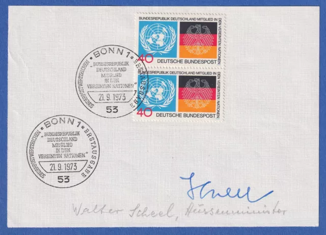 Walter Scheel original-Autogramm auf Vorlage mit Briefmarke 1973