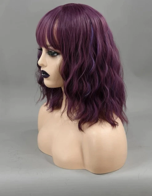 Perruque Synthétique Longue Violet Prune Avec Frange - Cheveux Lisses, Bonnet Monofilament + 4 Bonnets Offerts