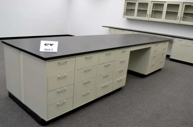 13' x 4' Laboratory Island Cabinet Group  w/ Black Tops & Desk Area E1-03