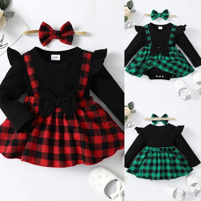 Newborn Baby Girls Check Plaid Dungaree Romper Princess Dress Party Headband Set