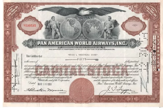 Pan American World Airways, Inc. - Original Stock Certificate -1951 - Y030535