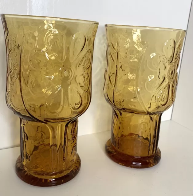 Vintage Libbey Country Garden Daisy Amber 6" Tall Glasses - Set of 2 10 oz. Size
