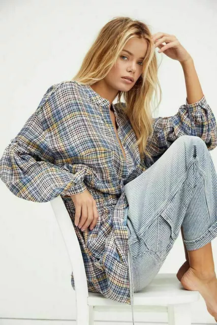 Free People By The Way Plaid Mini Dress We The Free Button Long Sleeve Shirt XS