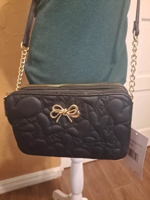 Betsey Johnson Black Quilted Double Zip Crossbody With Gold Bow