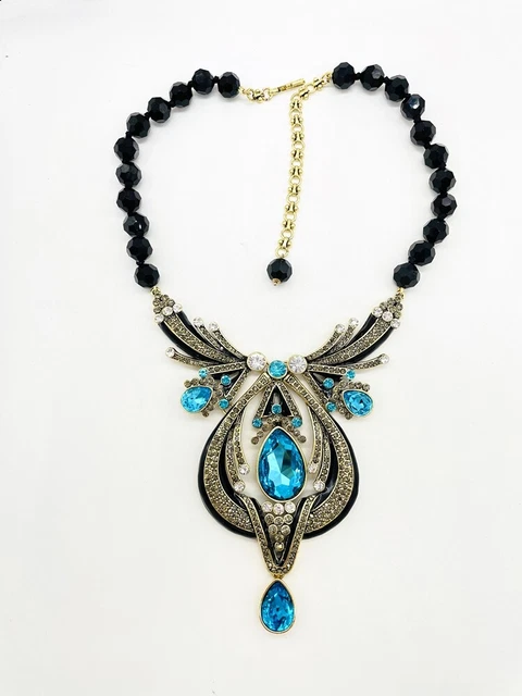 SIGNED SPECTACULAR Heidi Daus Draped in Deco Aqua Version Statement Necklace