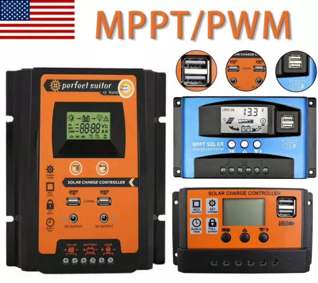 12/24V 10-100A Dual USB MPPT LCD Solar Charge Controller Panel Battery Regulator