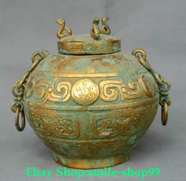 8.6"Old China Dynasty Bronze Gild Fengshui Dragon Beast Twin Ear Pot Jar Crock