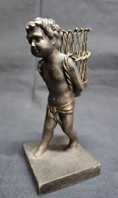 French Cast Iron Bronze Cherub Carrying Basket Figurine