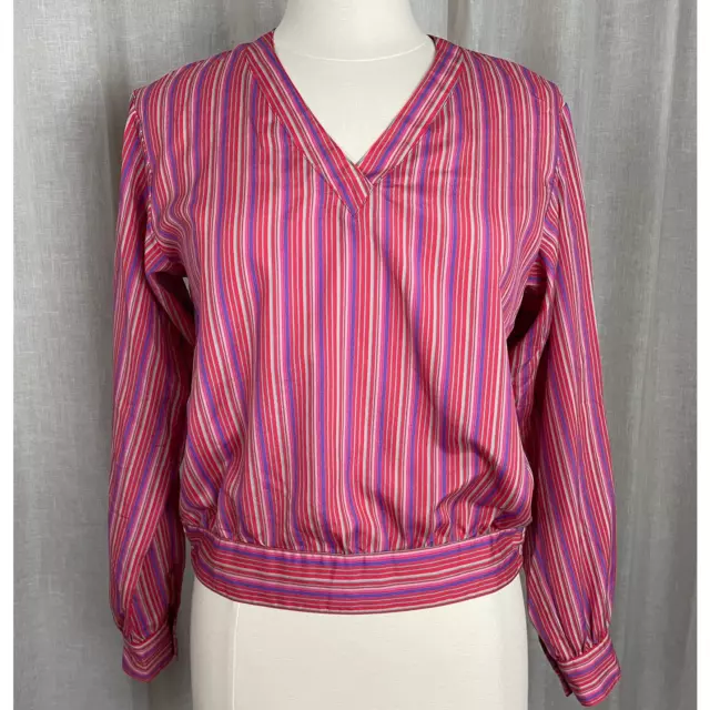 Vintage Blouse Top Womens Size 8 Pink Stripe Cropped Crop V Neck Secretary 90s