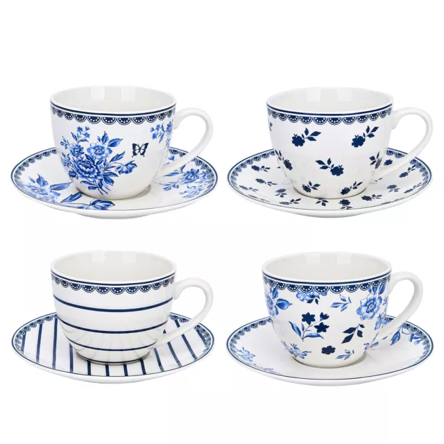 SET OF 4 Blue White Porcelain Teacups Saucers Bone China Mismatched Cups 9 oz