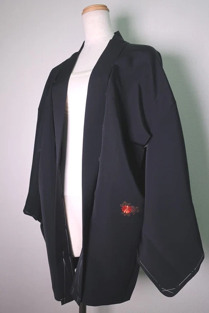 8511F3 Silk Vintage Japanese Kimono Haori Jacket Embroidery Peony Maple Leaf
