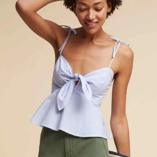 Anthropologie Maeve Striped Tie Strap Knot Front Peplum Tank Top Blue White 12