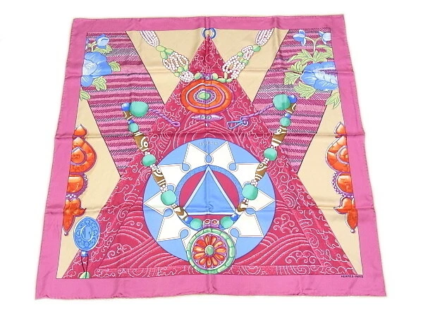 Hermes Carre 90 silk 100% scarf TIBET pink multi color Ladies good used