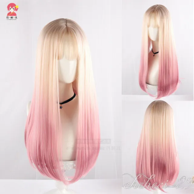 New Pink gradient color Long straight hair cosplay Wig High Quality HIGH