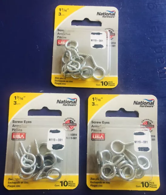 3 pks of 10 - National Hardware 1-3/16" Zinc-Plated Screw Eyes N119-081 V2014