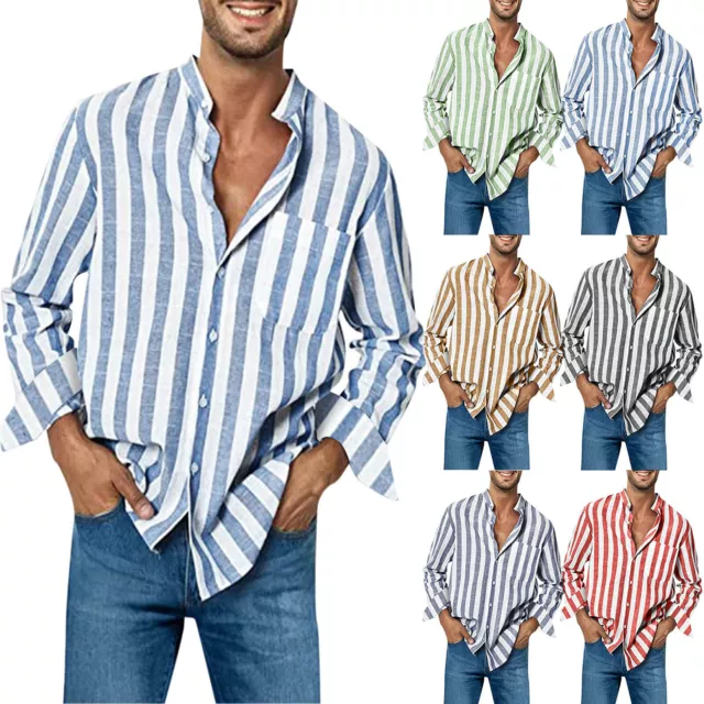 Mens Casual Cotton Striped Long Sleeve Linen Shirt Band Collar Button Down Shirt