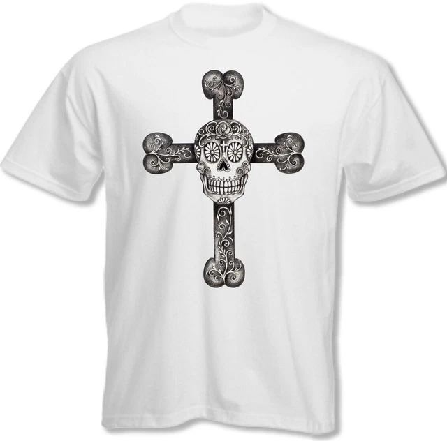 Teschio di Zucchero T-Shirt E Croce Uomo Stile Gotico Moda Biker Tatuaggio Moto