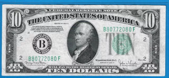 1934 D $10 Federal Reserve Note-FRN, B-New York,Green Seal,Circ Crisp VF,Nice!