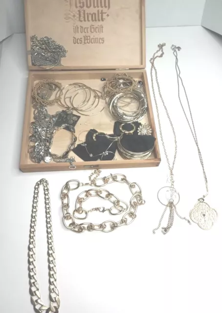 jewelry lot In A Wooden Cigar Box Filled With Brackets Earrings And Necklaces