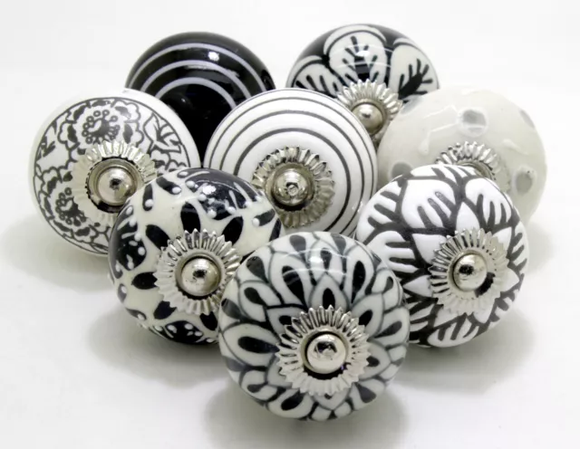 8 X White And Black/Ceramic/Round/Kitchen/Cabinet/Drawer/Furniture/Handle/Knob
