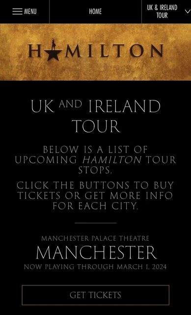 Hamilton Tickets Manchester - Stalls 11 December 2023 Start Time 7.30pm
