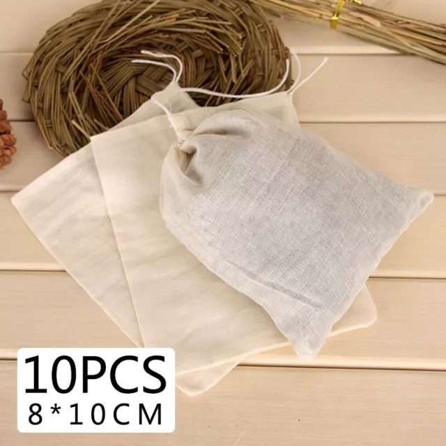 10 Cotton Muslin Drawstring Straining Tea Cooking Separate Spice Food Filter Bag