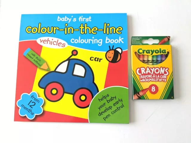 Babys First Colour In Line Colouring Book & Crayola Crayons Box Vehicles age 1+