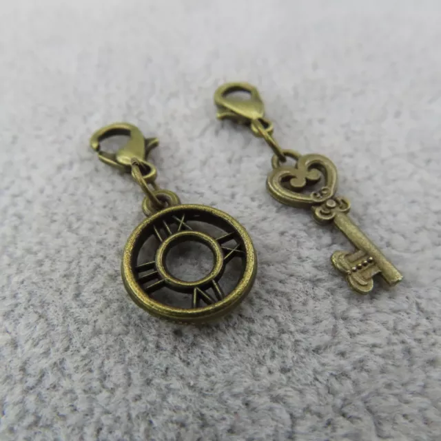 KEY & CLOCK Charms Zipper Pull Keyring Add On Clip Antique Bronze Tone Steampunk