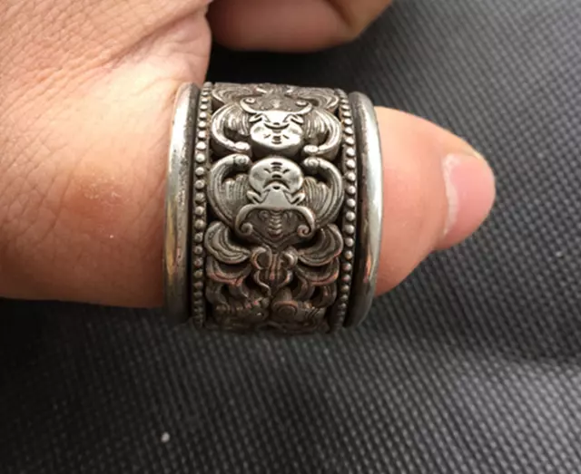 Old Chinese Tibetan silver handmade carved bat Ring
