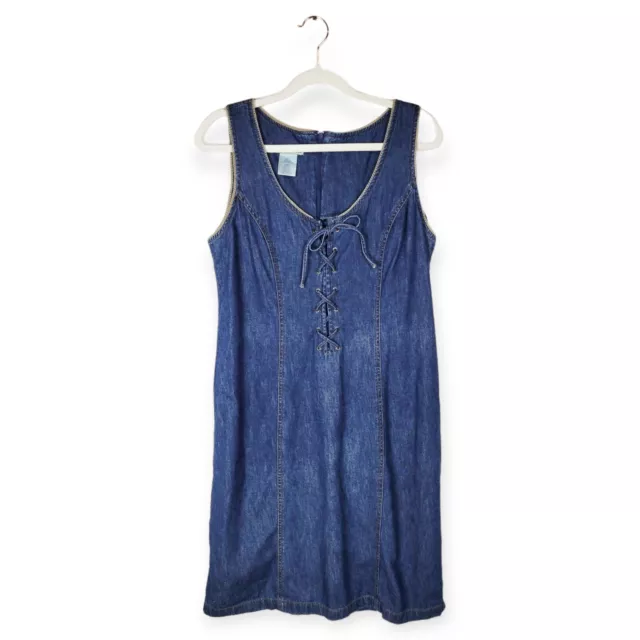 Vintage 90s Lace Up Boho Sleeveless Denim Knee Length Tank Dress