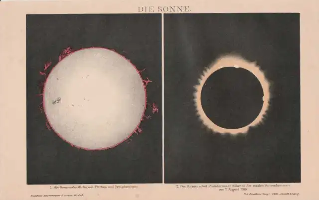 SONNE Sonnenflecken Protuberanzen Sonnenfinsternis 1869 CHROMOLITHOGRAPHIE 1898