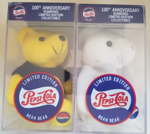Lot of 2 Pepsi-Cola Yellow Bean Bear & White Bunny 100th Anniversary Limited