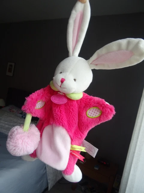Doudou  Lapin Marionnette  Rose Blanc  Fuschia  Doudou Et Compagnie Avec Pompon 2