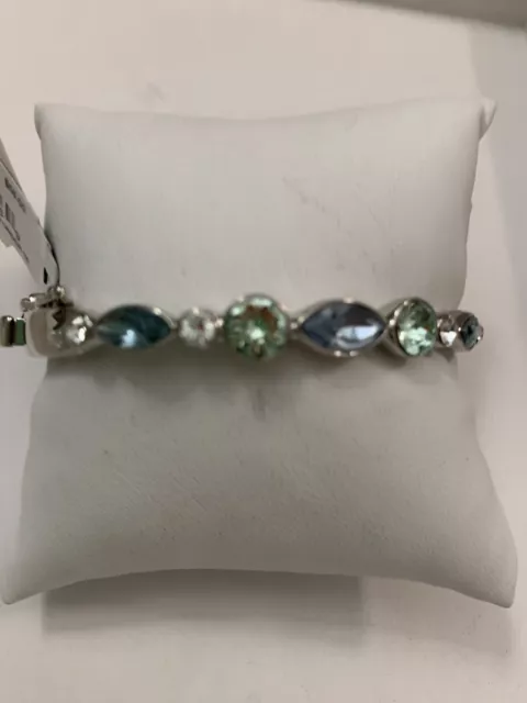 $58 GIVENCHY Blue Green Clear Crystal Silver-Tone Hinged Bangle Bracelet  33GB