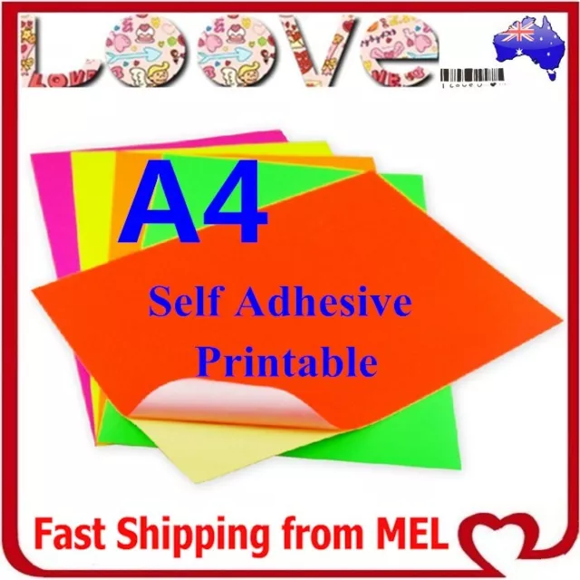 100x A4 Fluo Colour Self Adhesive Sticker Paper Sheet Label Laser Inkjet Print