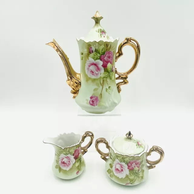 Vintage Lefton Teapot w Lid Sugar Bowl w Lid Creamer Set Heritage Rose Green Pnk