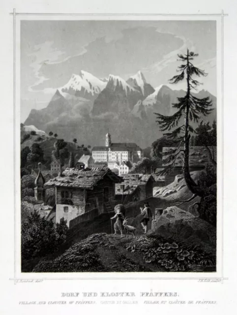 1850 Dorf Kloster Pfäfers Schweiz Svizzera gravure Stahlstich Kolb Rohbock