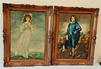Vintage Pair Set Old Frames Painted Canvas Painting Artwork Art Pinkie Boy 1972