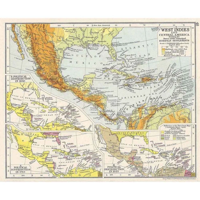 WEST INDIES & Central America Vintage Map 1928