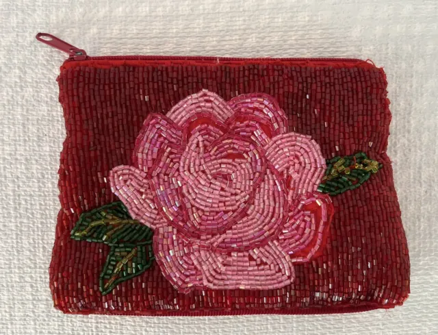 Beaded Purse Hand Bag Red Zippered 6” Width, Pink Flower