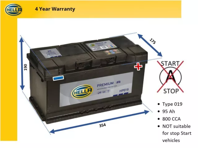 Hella Premium Car Battery HP019 Type 019 95AH 800 CCA 4 Year Warranty